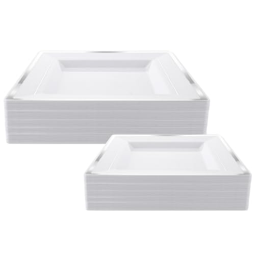 GBACHOOSE Lot de 50 assiettes en plastique avec bord argenté (2 tailles, 16,5x16,5CM/24x24CM), Vaisselle réutilisable pour fête, Serviettes réutilisables blanches pour viande, poisson, sushi, salade