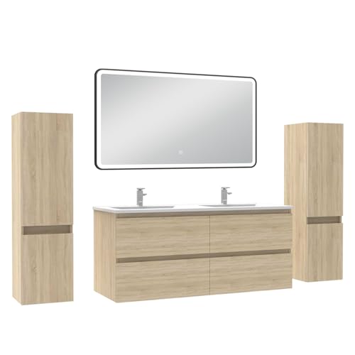 AICA Meubles Salle de Bain 120cm avec Colonne + Miroir Lumineux 3 Couleurs Chêne Wotan