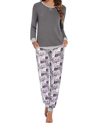 Ekouaer Pyjama Femme Ensemble à Manches Longues et Pantalon Long, Taille L, Gris, pour Femmes Adulte, Décontracté, Automne, 95% Polyester 5% Spandex,...