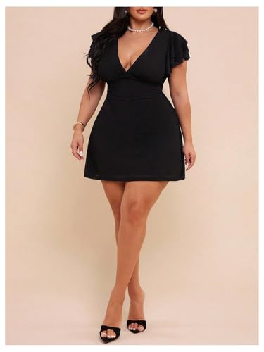Image of BEAUDRM Women's Plus Size Cocktail Floral Short Dress Deep V Ruffle Short Sleeve Bodycon Mesh Wedding Guest Party Dresses
