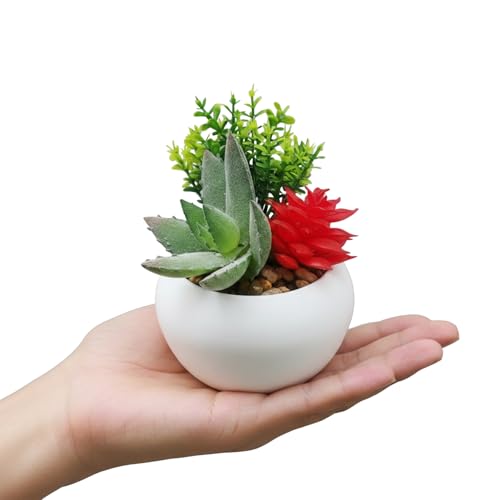 Image of KARP Artificial Potted Plants, Mini 13Cm Height Faux Succulent Flowers with White PVC Pots Home Decor, Indoor Artificial Ornamental Plant for Living Room, Office Desk & Bathroom, Decorative
