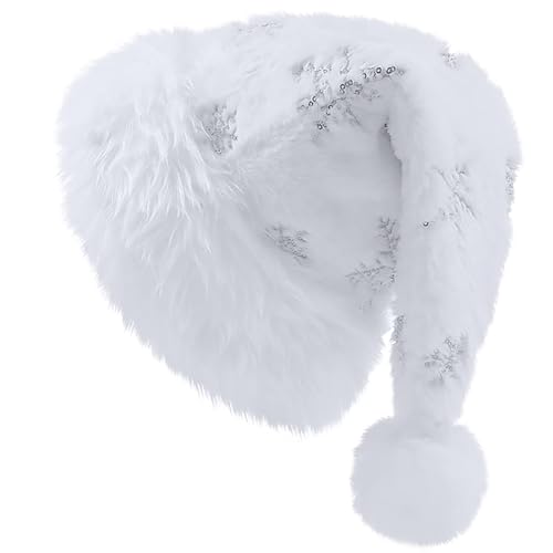 Domkier White Santa Hat for Adults Sequin Plush Christmas Hat with Glitter Snowflakes Xmas Christmas Party Supplies