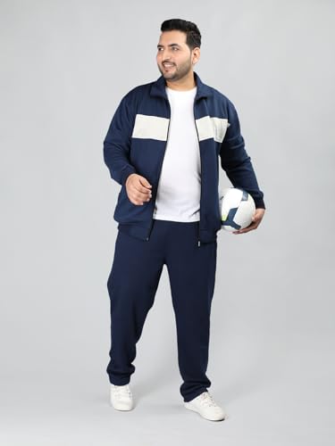 Image of CHKOKKO Mens Plus Size High Neck Winter Tracksuit Full Zip Jacket with Elastic Waist Lower Warm Soft Jogging Suit Activewear Set for Gym Running and Casual Wear NavyEcru L