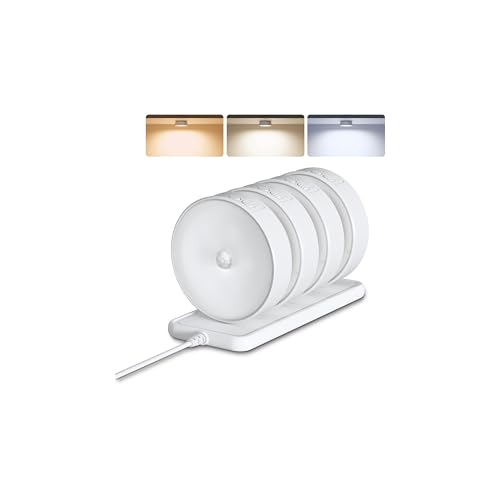 EZVALO 4 Pack Motion Sensor Closet Lights with Charging Station, 1200mAh Rechargeable LED Night Lights, Puck Light, Dimmable, 3 Color Temps, Magnetic, Stick on for Kitchen, Stairs, Bathroom