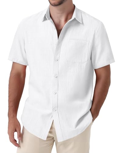 Mens Summer Cotton Linen Short Sleeve Button Down Shirt Casual Lightweight Tops with Pockets for Beach Vacation
