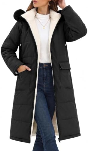 Tuopuda Wintermantel Damen Lang Warm Fleece Gefüttert Steppjacke | Wasserabweisend Winddicht Parka mit Abnehmbarer Kapuze, Taschen, für Alltag Pendeln im Herbst & Winter