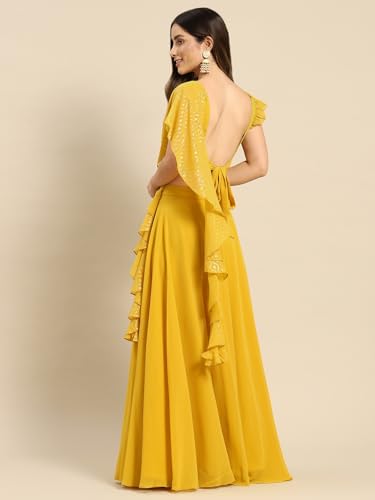 Image of TRENDMALLS Yellow Semi-Stitched Crop Top Lehenga Choli with Foil Print Dupatta For Women (L254-Yellow)