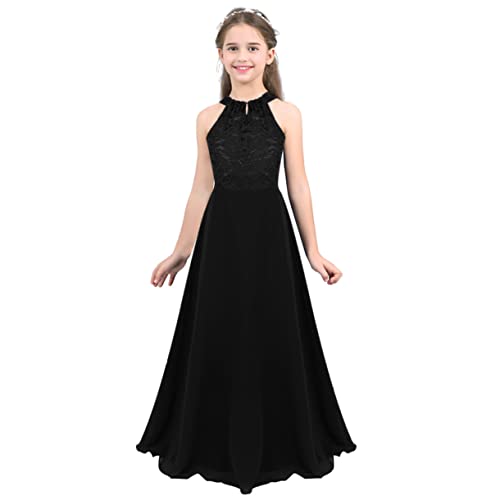 FEESHOW Kinder Mädchen Festliches Kleid Neckholder Spitze Chiffon Kleid A-Linie Hochzeit Party Abendkleid Festzug Geburtstag Ballkleid Maxi Schwarz...