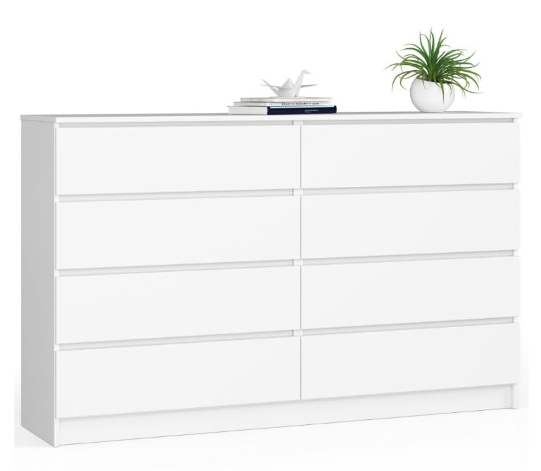 BDW - Commode à 8 tiroirs, Commode K160, Buffet, Meuble de Salon, Chambre à Coucher, Couloir, Armoire de Bureau, matériau Robuste et Design Moderne - 160x40x99 cm, Blanc