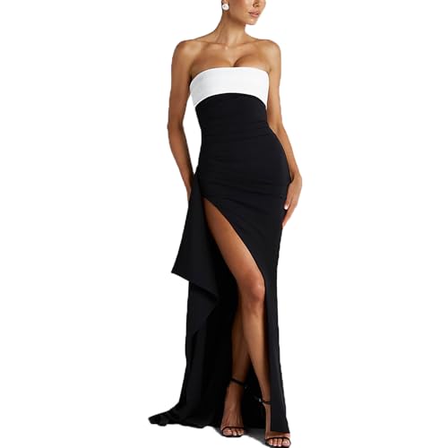 Yeenily Women Summer Tube Top Dress Contrast Binding Bodycon Sexy Strapless Maxi Dress Ruffle High Slit Long Cocktail Dresses