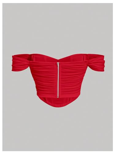 MakeMeChic Women's Plus Size Off Shoulder Mesh Corset Bustier Tops Ruched Tank Zipper Slim Fitted Sexy Crop Top2