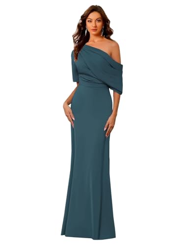 Image of Mermaid Satin Mother of The Bride Dresses for Women Elegant One Shoulder Ruffle Long Formal Evening Gown