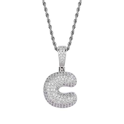 HECHUANG Micropave Simulated Diamond Iced Out Bling Custom Bubble Letters Pendant with Rope Chain (C Silver, 24)
