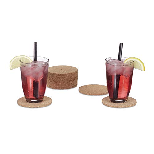 Relaxdays Sottobicchieri Tondi in Sughero, Set da 12, Antiscivolo, Poggia Bicchieri da Birra, Ø10 cm, Legno Naturale
