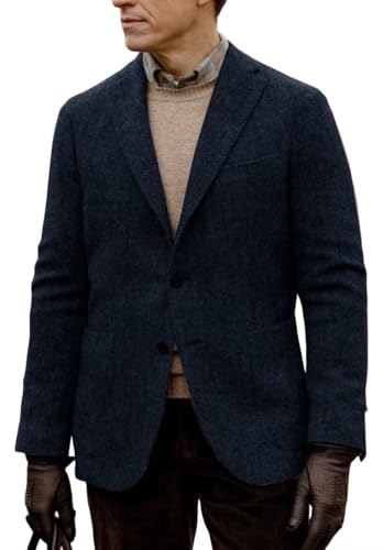Men's 3-Button Wool Blend Blazer Vintage Herringbone Sport Jacket with Pocket Square4