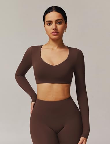 Image of ABOCIW Women Square Neck Long Sleeve Workout Crop Top Low Medium Impact Athletic Yoga Gym Shirts with Built in Bra(ONLY TOP)