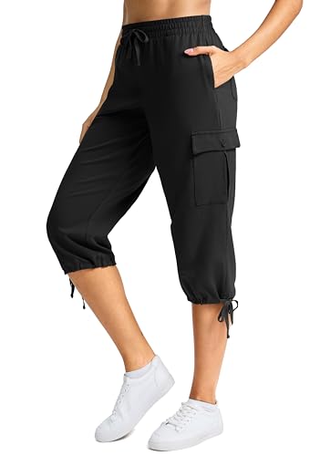SANTINY Womens Cotton Cargo Capris Soft Stretch Drawstring Travel Casual Capri Pants for Women with 6 Pockets(Black_XL)