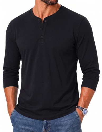 ASYJUMPD Long Sleeve T Shirt Men 3‑Button Stretch Pullover Black M