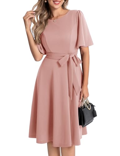 Bbonlinedress Robe Femme de Soirée Midi pour Princesse Fille Mariée Cocktail Bal Promo Col Ronde Manches Courtes avec Ceinture Blush M Bbonlinedress Robe Femme de Soirée Midi pour Princesse Fille Mariée Cocktail Bal Promo Col Ronde Manches Courtes avec Ceinture Blush M
