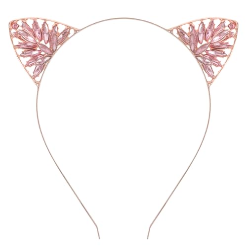 minkissy Cat Ear Headband Rhinestone Cat Ears Hairband Cat Hair Hoop Metal Crystal Pearl Cat Ears Headband Animal Hair Accessories for Women Girls (Rose Gold)