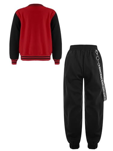 Girls Boys Long Sleeve Varsity Baseball Bomber Jacket Coat Button Sweatshirt Outwear with Cargo Sweatpants Set2