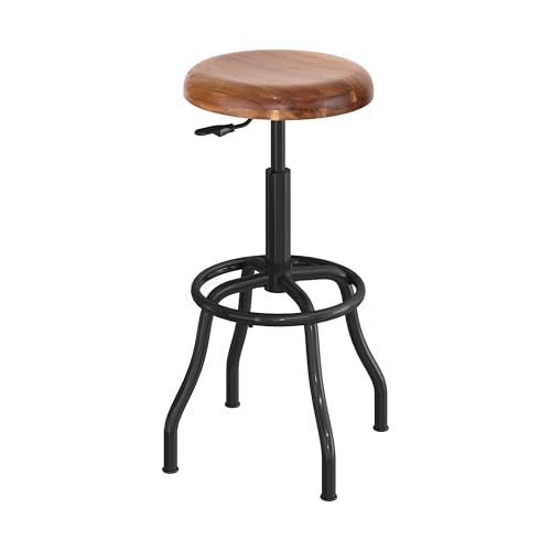 Image of Seville Classics Modern Ergonomic Pneumatic Height Adjustable 360-Degree Swivel Stool Chair, for Drafting, Office, Home, Garage, Work Desk, Acacia Wood, Flat Seat
