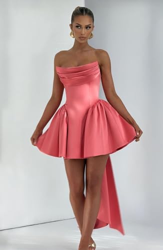 Ouyisha Satin Homecoming Dress for Teens Short Strapless Cocktail Party Gown with Bow Corset Birthday Dress 20254