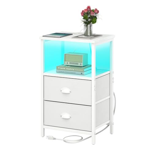 Image of sthmec Nightstand with Charging Station, LED Night Stand with 2 Fabric Drawers PU Finish, Bedside Table End Table with LED Light, 3-Tier Storage Side Table Nightstand with Drawers for Bedroom,White
