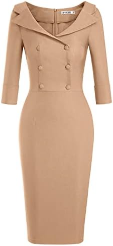 MUXXN Women's Retro 50s Style Back Split Bodycon Business Date Dress (Camel L)