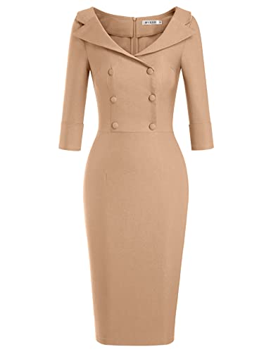 Muxxn Women's Retro 50S Style Back Split Bodycon Business Date Dress (Camel L) #TOP28