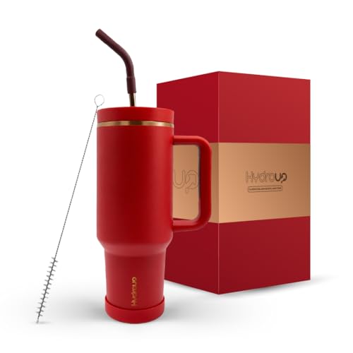 HYDROUP 40oz Travel Tumbler Cup with Handle Two-Way Slider Lid Stainless Steel Straw with Silicone Tip Vacuum Insulated Water Bottle for Hot & Cold Drinks Great Gifts for Mom (Red Gold)