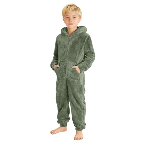 Fleece Onesie for Kids Boys - Soft Fluffy Warm Pyjamas, Cozy Fuzzy Hooded Zip Up Jumpsuit, Pjs Sleepsuits, Flannel Loungewear Nightwear, One Piece Playsuits, Pockets, Homewear, Children 4-14 Years