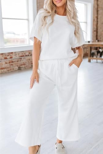 OPCAKM Women's 2 Piece Textured Sweatsuit Knit Short Sleeve Pullover Top Wide Leg Pant Tracksuit Set4