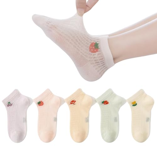 5 Pairs Girls' Fun Thin Summer Ankle Socks, Cute Strawberry Mesh Short Socks for Kids Toddlers