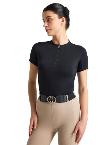 FitsT4 Sports Equestrian Shirts for Women Short Sleeve Horse Riding Shirts Quick Dry UPF50+ Riding Top Quarter Zip Black S