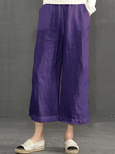 Image of ECUPPER Womens Cotton Cropped Pants Loose Fit Wide Leg Trousers | Casual, Plus Size, Elastic Waist, Capri, 100% Cotton, Slant Pockets, High Rise Waist, Lounge Pants