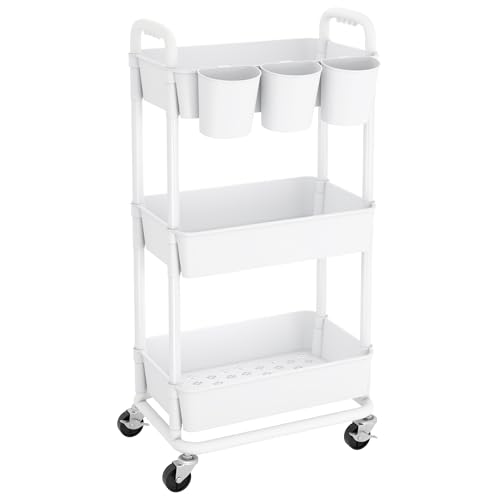 Image of JIUYOTREE 3-Tier Plastic Rolling Storage Cart Utility Cart with Extra Hanging Cups Handles Lockable Wheels for Living Room Bathroom Kitchen Office White