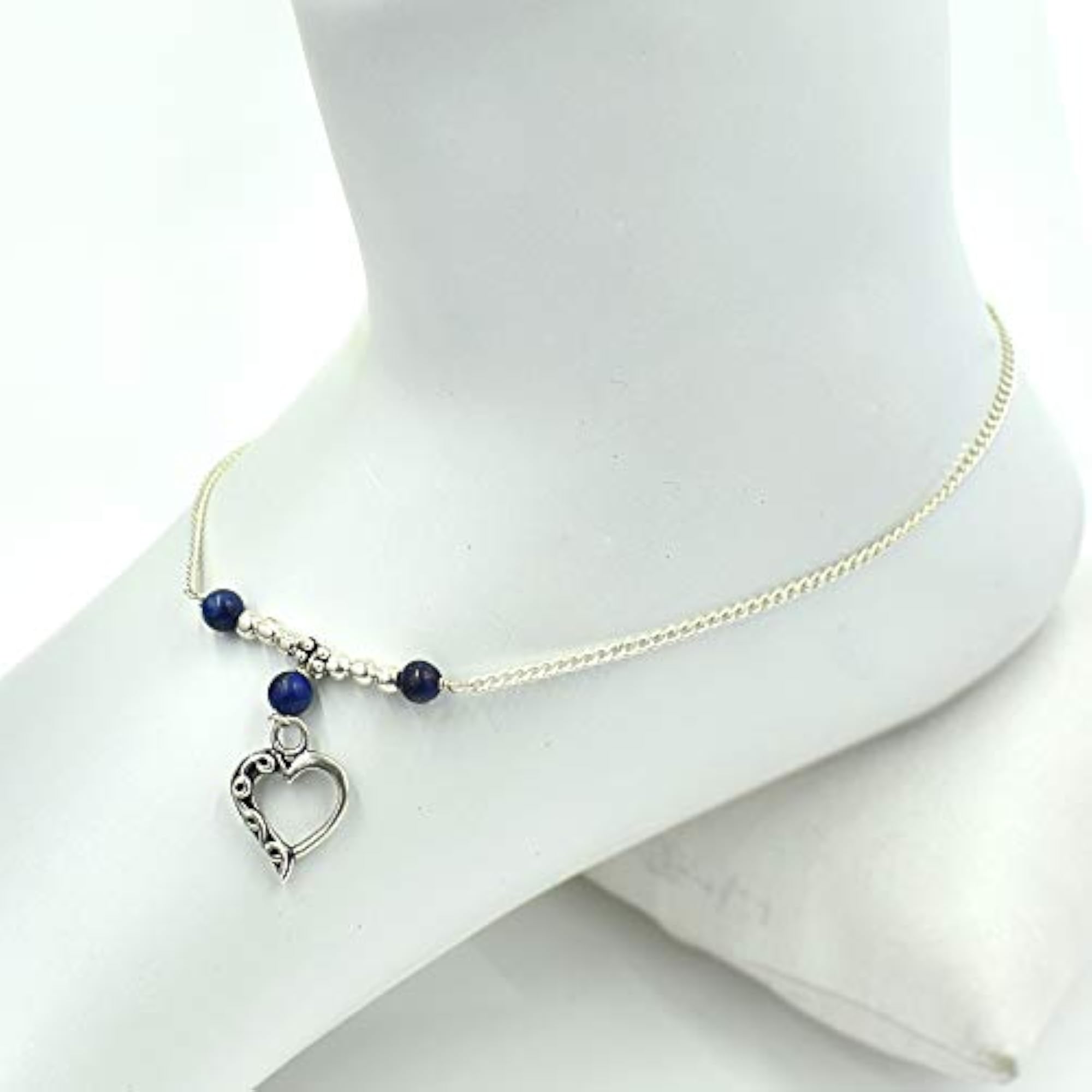 Women's Natural Lapis Lazuli Gemstone & Heart Charm Beaded Anklet