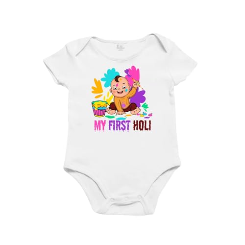 KARMIKH Baby Boys & Girls Cotton “My First Holi” Bodysuit: Newborn Romper with Half Sleeves – Unisex Infant Round Neck Tee – Festive Tee for Baby Boys or Girls – Holi T-Shirt for Kids