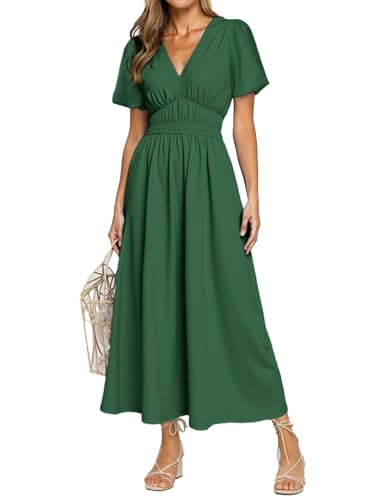 Image of Simplee Women's Summer Flowy Midi Dress Casual V Neck Short Sleeve Empire Waist Boho Beach Dress Wedding Guest Maxi Dress