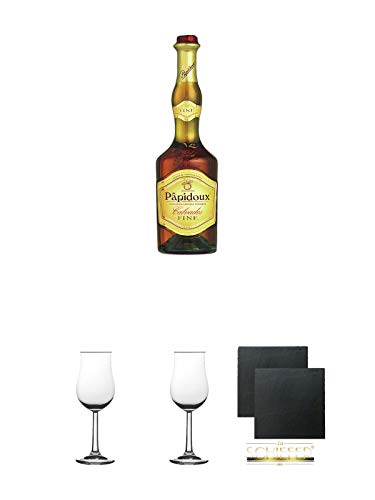 Papidoux Calvados Fine Frankreich 0,7 Liter + 2 Bugatti Nosing Gläser mit Eichstrich 2cl und 4cl + 2 Schiefer Glasuntersetzer eckig ca. 9,5 cm Ø Papidoux Calvados Fine Frankreich 0,7 Liter + 2 Bugatti Nosing Gläser mit Eichstrich 2cl und 4cl + 2 Schiefer Glasuntersetzer eckig ca. 9,5 cm Ø