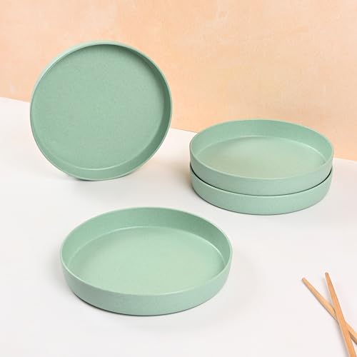 Image of Eha Earth Friendly Verde Round Plates | Set of 4 | 8 inch | Made with Rice Husk Biocomposite | Breakfast Plates | Unbreakable Dinner Plates Set | Microwave Safe | Celeste