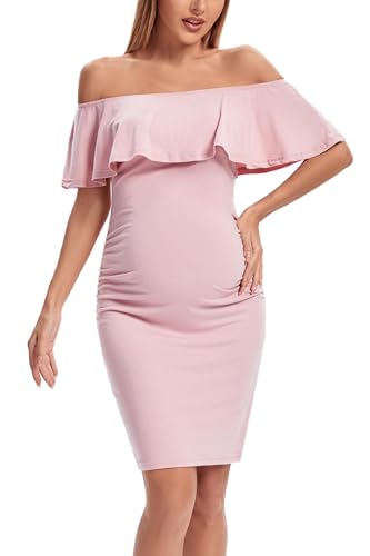 Shen&Qege Vestido de maternidad desenfadado con hombros descubiertos, volantes, sin mangas, bodycon, Polvo Oscuro, M