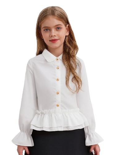 Aislor Kids Girls Turn Down Collar Long Sleeve Ruffle Hem Button Down Dress Shirts School Uniform Blouse Tops 5-14 Y