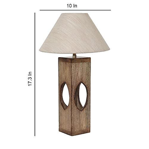 Image of tu casa Handcrafted Mango Wood Table Lamp with Off-White Cotton Shade | Bedside & Study Table Lamp for Bedroom, Living Room, Dining Area & Home Decor | Height 44 cm | Bulb Not Included
