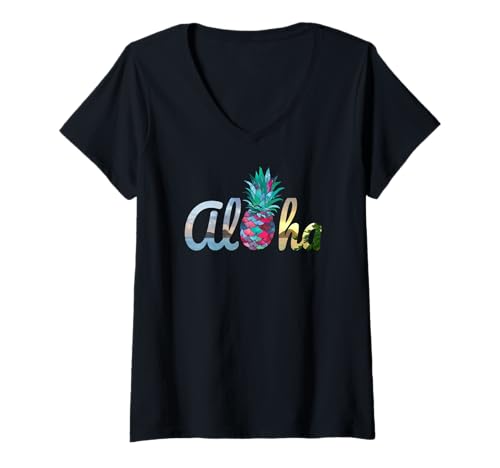 Mujer Aloha Hawaii piña sirena verde azulado lindo divertido vacaciones en la playa Camiseta Cuello V