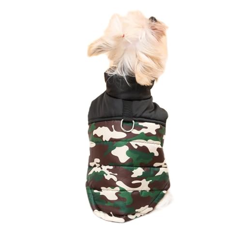 Morycat犬服 秋冬 Dカン付き ジャケット 防寒 綿服 暖かい 迷彩柄 ダウンベスト風 ドッグウェア 長袖 厚手 洋服 着脱簡単 お出かけ お散歩 小中型犬 (グリーン,L)