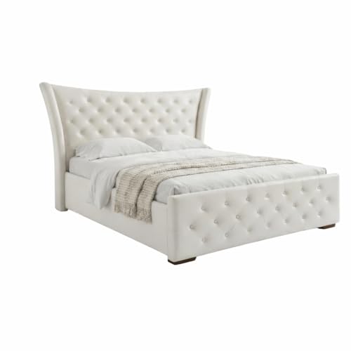 Image of Pearl Upholstered King Size Bed with Box Storage for Bedroom | Elegant Wooden Double Bed with Storage | Platform Cot Palang with Tufted Headboard | 6.5 x 6 Ft | Sheesham Wood | White