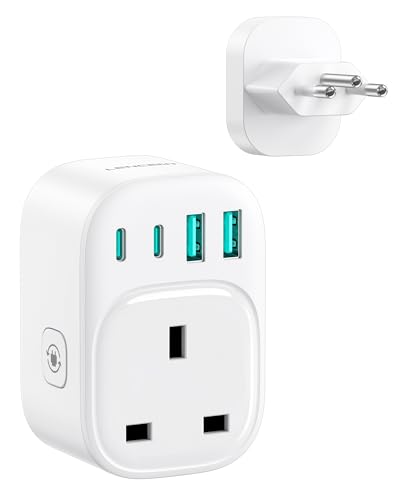 LENCENT 5-in-1 Travel Plug Adapter Brazil Type N Adapter for Brazil Socket SG to Brazil Plug Adapter with 2 USB-C & 2 USB-A Ports 2500W Max