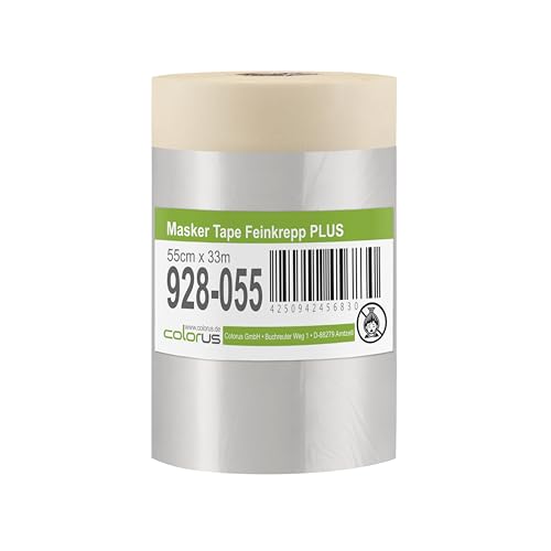 3 x Colorus Masker Tape PLUS Feinkrepp 55 cm x 33 m | Maler Abdeckfolie mit Malerkrepp Folienklebeband | Für glatte und leicht raue Untergründe | Klebeband mit Folie | Abdeckfolie mit Krepp 1 3 x Colorus Masker Tape PLUS Feinkrepp 55 cm x 33 m | Maler Abdeckfolie mit Malerkrepp Folienklebeband | Für glatte und leicht raue Untergründe | Klebeband mit Folie | Abdeckfolie mit Krepp